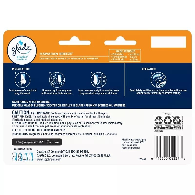 Glade PlugIns Scented Oil Refill, Hawaiian Breeze, 0.67 Fl. Oz.,