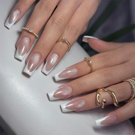 French Tip Press on Nails Medium Square Fake Nails Press ons with Designs Chrome False Nails Glossy Cat Eye Full Cover Glue on Nails Cute Acrylic Stick on Nail for Women Nail Decoration 24Pcs