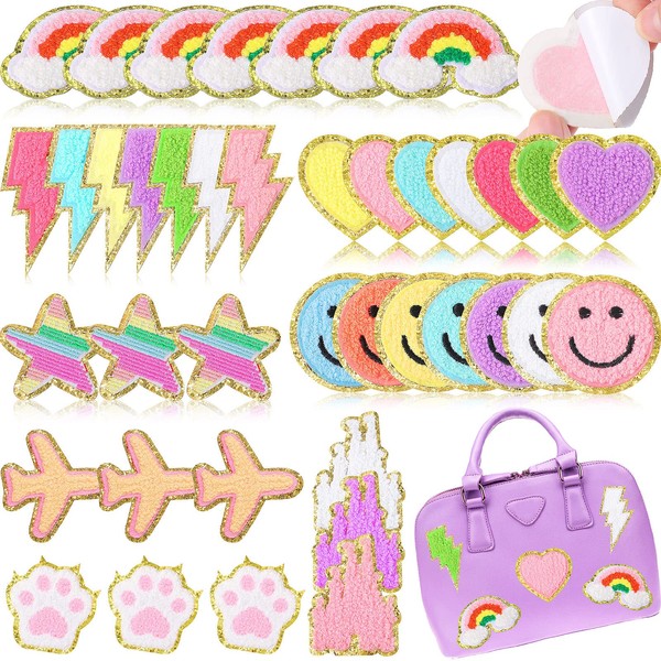 Yilloog 40 Pcs Self Adhesive Chenille Patches Colorful Cute Chenille Embroidered Patches Glitter Chenille Patches Sticker Applique for Clothing Fabric Jacket DIY Backpack Repair Decor(Cute)