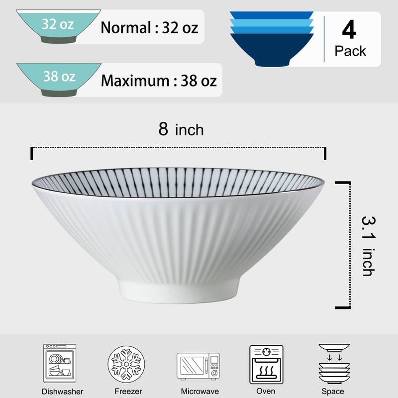 Dyware 38 oz Japanese Ramen Bowls Set of 4, Large