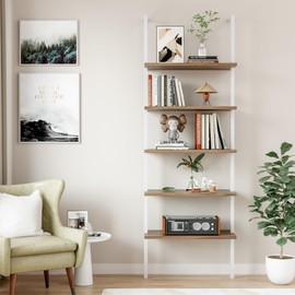 Flamaker 5-Tier Wall Mounted Ladder Shelf, Bookshelf with Metal Frame, Wood Board and Metal Frame, Modern Tall Narrow Storage Organizer for Home Office (White)