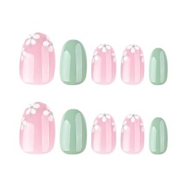 Flower Press on Nails,24 PCS Oval Green Press on Nails Glossy Short False Nails Summer Nail Tips Full Cover Stick on Nails for Women and Girls