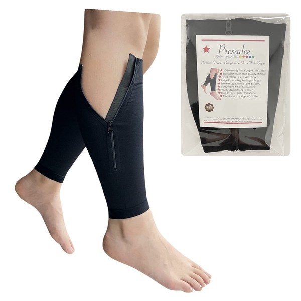 Presadee Shin Premium 20-30 mmHg Firm Compression Leg Calf Sleeve With Zipper (Black, L/XL)