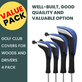 FINGER TEN Golf Club Head Covers for Woods Long Cover Driver Hybrid Fairway, Headcovers with Interchangeable No. Tag Novelty Durable Fit Woods Clubs (Blue-4 pack (1 Driver& 1 Fairway&2 Hybrid))
