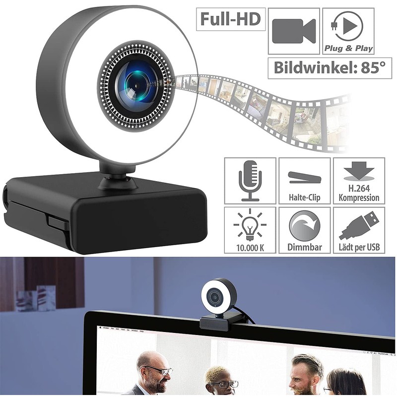 Somikon Webcam with Light: Full HD USB Webcam with LED