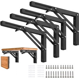 AUTOHJ Folding Shelf Brackets 24 inch 4 Pcs - DIY Wall Mounted Shelf Bracket for Garage Workstation, Stuff Supports, Plant Stand - Heavy Duty Metal Collapsible Floating Shelf Bracket Black