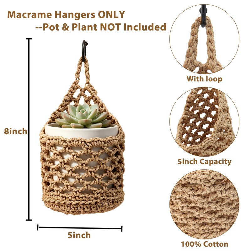 VMEECARL 4-Pack 5-Inch Macrame Wall Plant Hangers, Natural Cotton Hanging