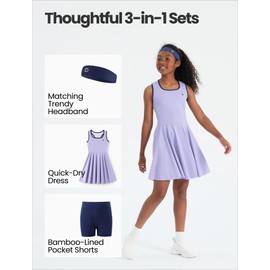 PATPAT Girls Tennis Dress Set, Athletic Dress with Headband & Bamboo Viscose Shorts with Pocket, Outfit for Golf Dance School, Lavender Haze, US6/XS