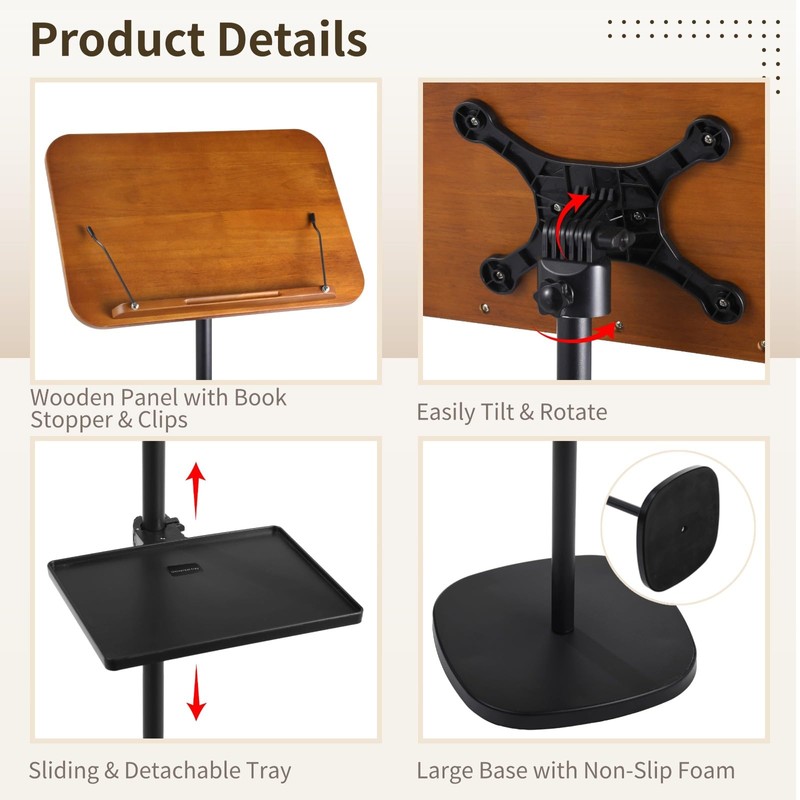 Floor Book Stand with 2 Removable Trays, Adjustable Height Wood