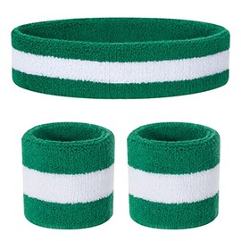 ONUPGO Kids Sweatbands Headband Wristband Set - Athletic Cotton Sweat Band for Sports (1 Headband + 2 Wristbands) (Green/White/Green)