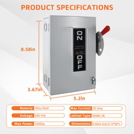 30 Amp Safety Switch, 3-Pole AC Disconnect Box for Indoor & Outdoor, Non-Fused Durable Galvanized Steel, NEMA 3R Rated, Anti-Corrosion, Rust-Proof, with Locking Mechanism