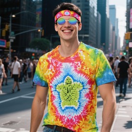 lapinchen Hippie Costume 4-Piece Unisex 60s/70s Outfit Set – Tie-Dye Shirt · Classic Round Sunglasses · Adjustable Bandana · Peace Necklace – 70s Hippie Style for Men & Women (turtles, X-Large)