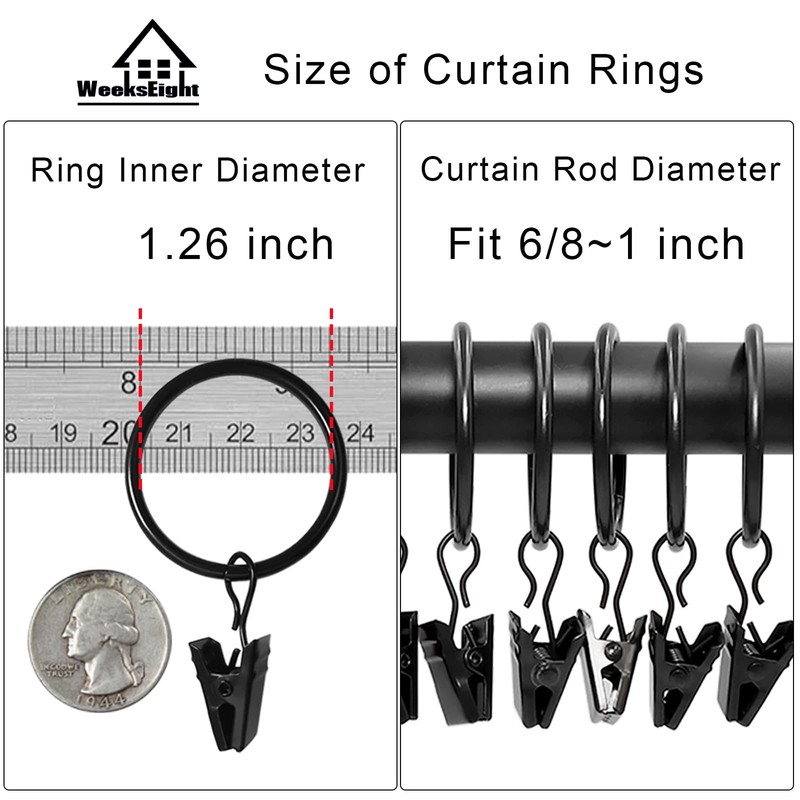 WeeksEight 40 Pack Black Curtain Rings with Clips, Curtain Hooks