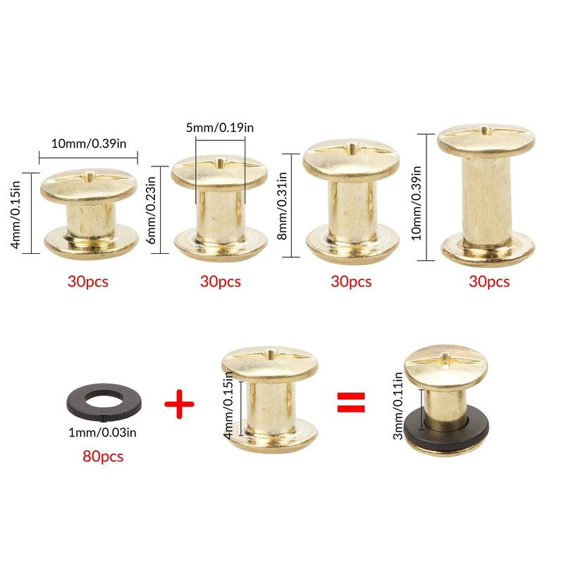 120 Set Brass Chicago Screws Binding Screws, 4 Sizes Screws