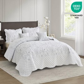 CHIXIN Botanical Oversized Bedspread King Size - Leaves Pattern Stitching Quilt Set - Elegant & Fresh Style Bedding Coverlets, Reversible, Lightweight, 5 Piece, White