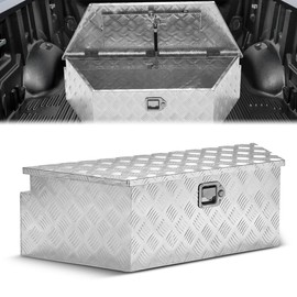 D SOLUTIONS Underbody Truck Bed Tool Box, Heavy Duty Storage Organizer Waterproof Chest with Lock and Keys, Natural Silver Aluminum & Steel, 38" W Rear x 26" Front x 14.25" D x 12" H
