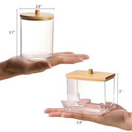 Tbestmax Qtips Holder Bathroom Container, 10/7 OZ Cotton Ball/Swabs Dispenser, Apothecary Jar Organizer for Storage Wood Lids