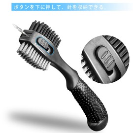 Golf Club Brush, Clean, Maintenance Tool, Wire, Nylon, Needle Storage, 3 Sides, Expandable String, Carabiner Hook Included, Non-slip Rubber Handle, Portable, Lightweight, Multi-Purpose, Black