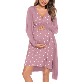 SWOMOG Women Maternity Nursing Gown and Robe Set Heart Printing Labor Delivery Nightgown for Breastfeeding Hospital Robes