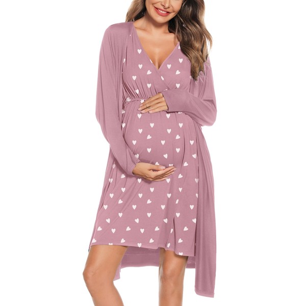 SWOMOG Women Maternity Nursing Gown and Robe Set Heart Printing