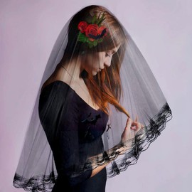 CICILIAYA Bridal Veil, Veil Short Bridal Tulle with Comb Tulle Bridal Wedding Short Veil Ribbon Edge Bridal Veil for JGA Hen Night Wedding Veil Hen Party, Black 2