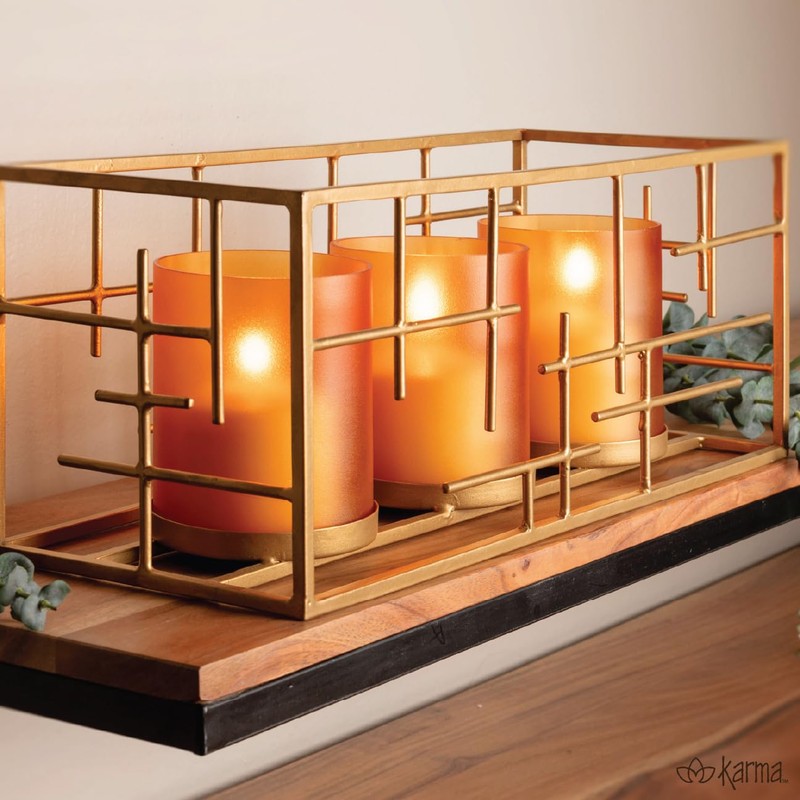 Karma, Modern Candle Holder Centerpiece with Gold Wire Rectangular Frame