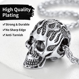 Stainless Steel Flame Skull Pendant Necklace for Men Women Gothic Skeleton Charm with Wheat Chain Rapper Biker Jewelry