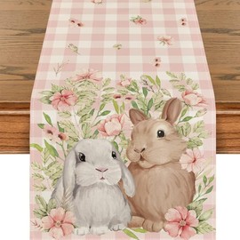 Easter Table Runner - Bunny Rabbit Floral Leaves Spring Table Runner, Seasonal Easter Table Decorations, Table Runners for Dining Table Home Holiday Kitchen Decor, 40x180 cm