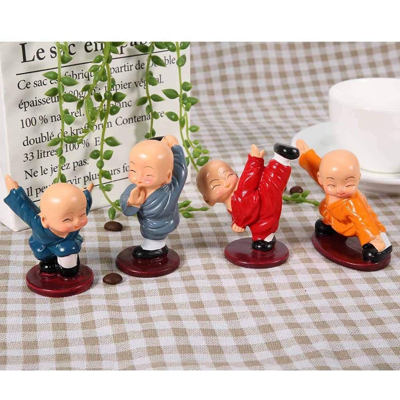 Monks Figurine, 4pcs Cute Kungfu Little Monk Statue Resin Buddhism