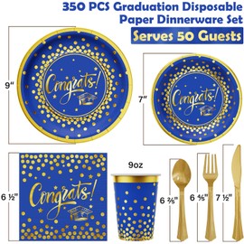 Ecomore 2024 Graduation Party Supplies - 350 PCS Disposable Dinnerware Set (Severs 50) with Blue Gold Congrats Paper Plates Napkins Cups Plastic Forks Knives Spoons for Grad Decoration class of 2024