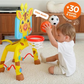 Move2Play, Giraffe Basketball Hoop & Soccer Goal Activity Center | 30+ Sounds & Lights | 1, 2, 3+ Year Old Gift & Birthday Present | 6, 12, 18, 24+ Month Toy for Baby, Toddler, Boys, & Girls