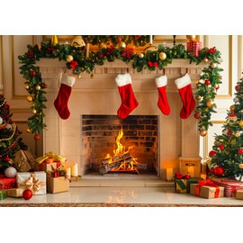 7x5 ft Christmas Fireplace Backdrop Photography: Xmas Photoshoot Decorations Wall Door Large Fabric Background Banner for Party Supplies, New Years Winter Holiday Photo Booth Props