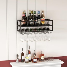 sumatos Floating Bar Shelves, Wall Mounted Wine Rack with Glass Holder, Metal Hanging Wall Bar Shelf Wine Display Storage Rack for Home, Dining Room Kitchen (Black, 2 Tier)