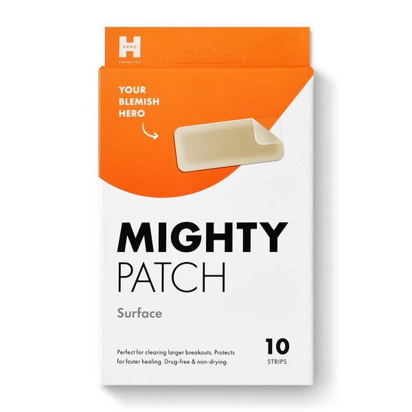 Mighty Patch Surface - Hydrocolloid Large Acne Pimple Patch Spot Treatment (10 count) for Body and Larger Breakouts on Cheek, Forehead, Chin, Vegan, Cruelty-Free