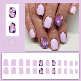 Flowers Press on Nails Short Square Fake Nails With Designs Light Purple False Nails Full Cover Glossy Acrylic Stick on Nail for Women Spring Summer Floral Artificial Nail 24 Pcs