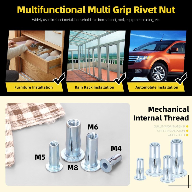 Mardatt 20Pcs M5 Multi-Grip Rivet Nuts, Zinc-Plated Pre-Bulbed Shank Flat