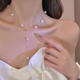 Boho Pearl Y Shape Necklaces for Women Teen Girls,Dainty 14k Gold Plated Pearl Beaded Chain Choker Necklace Trendy Jewelry Accessories Gift (Short)
