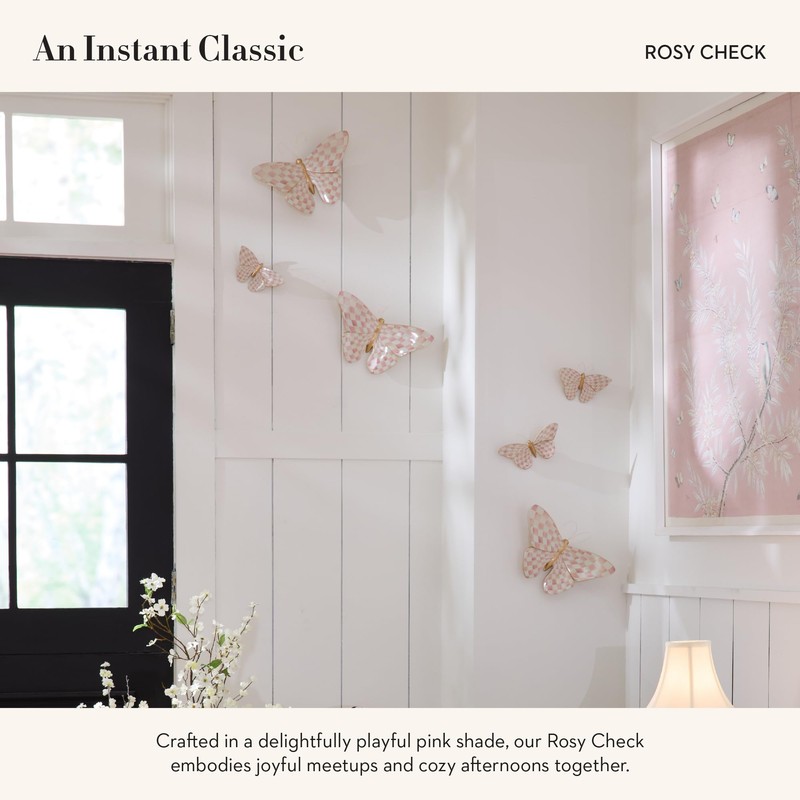 MACKENZIE-CHILDS Butterfly Duo, Hanging Butterfly Wall Decor, Pink-and-White Rosy Check,