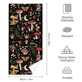Cute Mushroom Bath Hand Towels Set of 2, Soft Absorbent Black Decorative Hand Towels for Bathroom Kitchen Home Spa Hotel Yoga,Mushroom Bathroom Decor Accessories,Gothic Witchy Gifts for Women 14"x28"