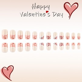 24 Pcs Valentine's Day Short Press on Nails Heart Fake Nails Heart Cute False Nails with Design Full Cover Nude Acrylic Artificial on Nails for Valentine's Day Nail Art Decoration