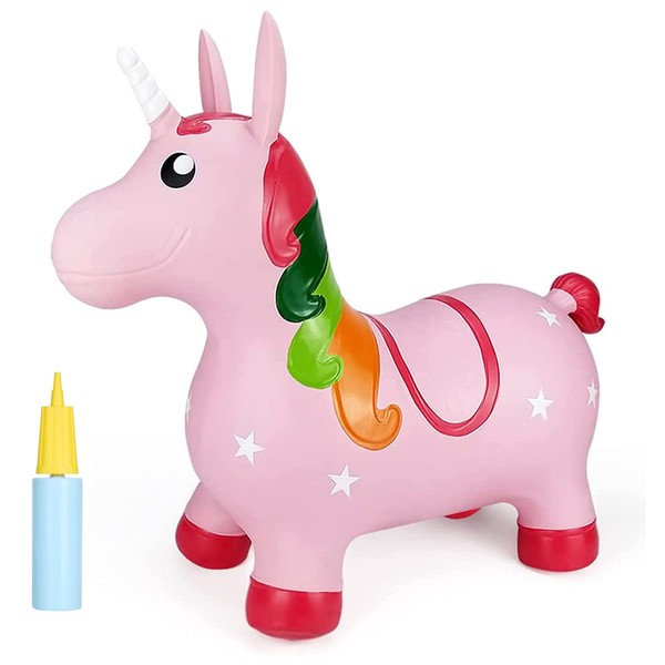 INPANY Pink Unicorn Hopper, Horse Hopper, Bouncy Inflatable Animal Ride-on Toy for Children, Boys and Girls, Toddlers (Includ Pump)