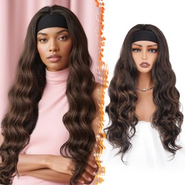 BARSDAR Wavy Headband Wig Mix Brown, 66 cm Long Loose Wavy Synthetic Headband Wig for Women - Wear and Go Glueless Wig Light Natural Look Forehead Band Wigs