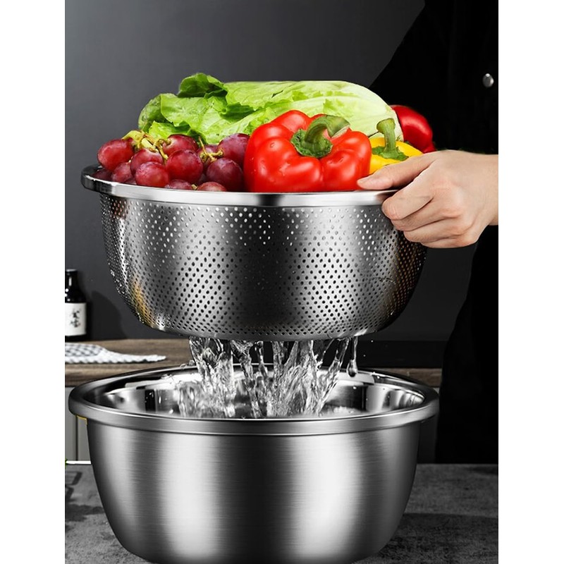 Mixing Bowls with Colander 304 Stainless Steel Kitchen Strainer for