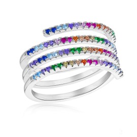 Tuscany Silver Women's Sterling Silver Rhodium Plated Multi-Coloured CZ Spiral Ring #K