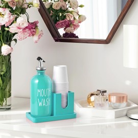 Turquoise Mouthwash Dispenser for Bathroom, 16 OZ Glass Mouthwash Dispenser with Wood Cup Holder and Tray, Mouth Wash Bottle Container, Teal Kitchen Bathroom Decor and Accessories