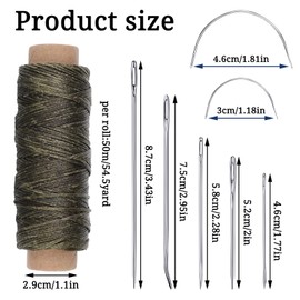 Pimoys 55Yards Waxed Thread with 7 Pcs Leather Needles for Hand Sewing 150D Flat Sewing Waxed Thread Leather Repair Needles for Sewing Upholstery Leather Canvas Bags Sofa Furniture(Army Green)