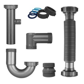 Universal 1-1/4" & 1-1/2" P Trap Drain Kit, Flexible PP U-Bend Plumbing Pipe for Bathroom Sink & Kitchen, Heat Resistant Drain Replacement with Extension Tube & Adapter