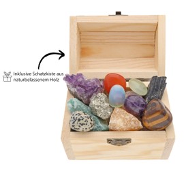 Treasure Chest with 18 Handpicked Gemstones, Raw Stones, Tumbled Stones + Informative Gemstone Cards, Treasure Chest, Children's Pirate Treasure Hunt, Children's Birthday, Scavenger Hunt
