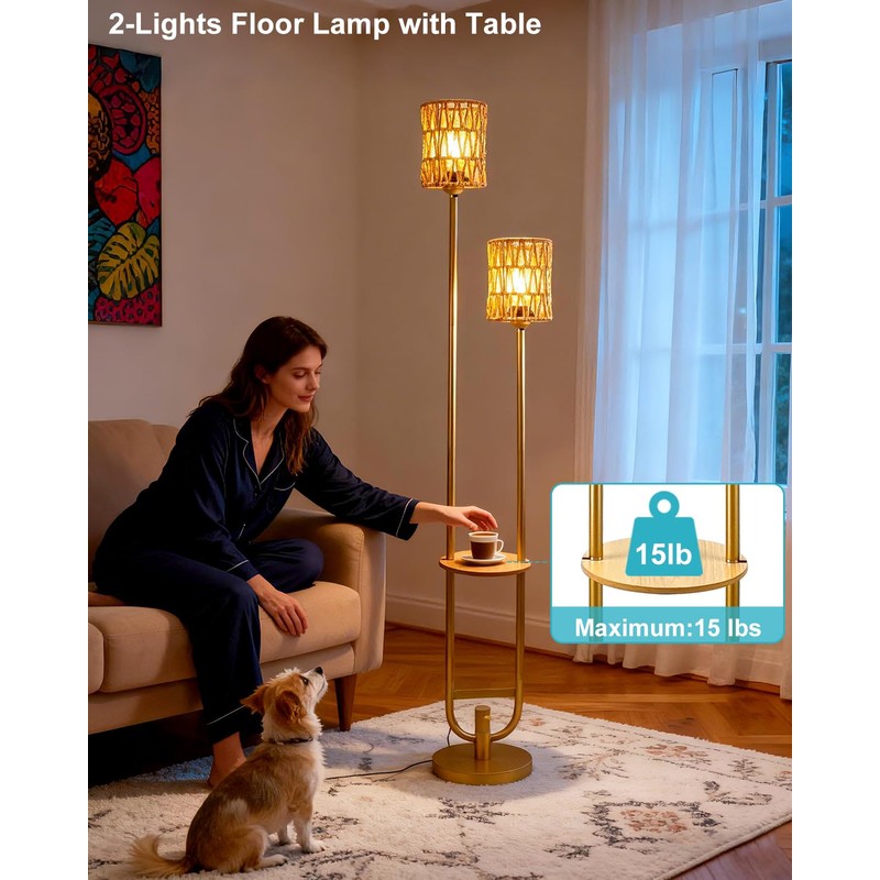 Lightdot 63IN Gold Floor Lamp with 2 Rattan Shades Mid