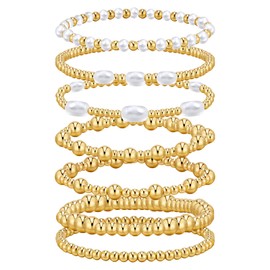 Gvhntk 7Pcs Gold Bracelets for Women Gold Plated Beaded Bracelet Elastic Stretch Bead Ball Stack Set Stretchable Adjustable Gold Jewelry Gifts (Fashionable)